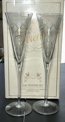 2 PC Wedding Toasting Set Hand Cut European Crystal Birds & Hearts Vintage NIB