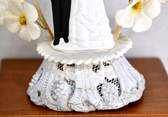 Vintage 1950’s CHALKWARE WEDDING CAKE Topper Arch Brunette Handpainted with Veil