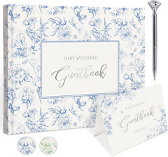 Blue Floral Wedding Guest Book Hardcover with Pen – 9X7 Inch 144 Pages Sign in B