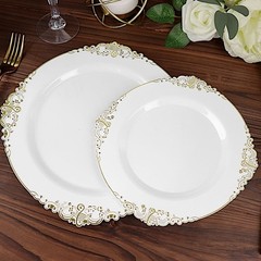 10 WHITE GOLD 10″ Round Plastic Salad Dinner PLATES Embossed Baroque Rim Party