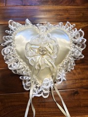 Ring Bearer Pillow Heart Lace Satin Ribbon Ceramic Flower Floral w/ Box