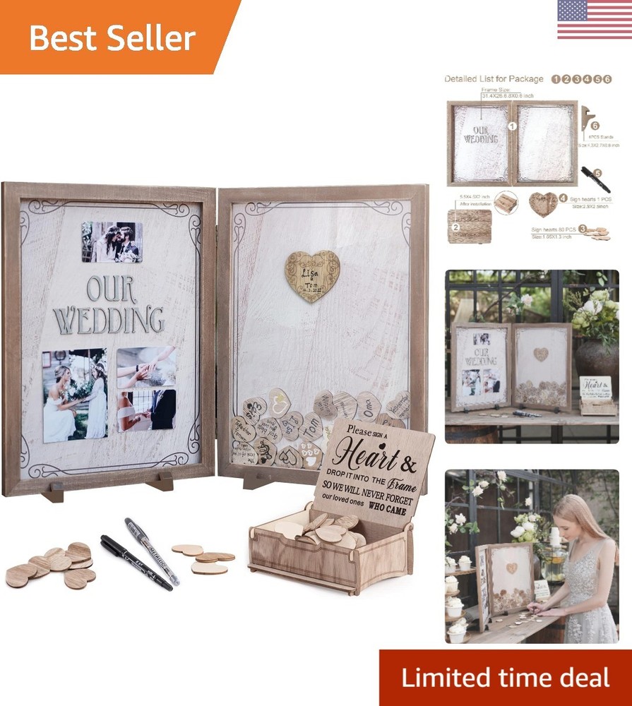 Antique White & Brown Guest Book Frame for Weddings – 80 Wooden Hearts Inside