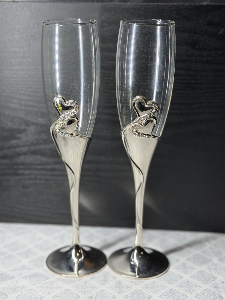 Wedding Champagne Glass Set Of 2 Silver Toasting Flute Glasses Rhinestone Heart