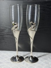 Wedding Champagne Glass Set Of 2 Silver Toasting Flute Glasses Rhinestone Heart