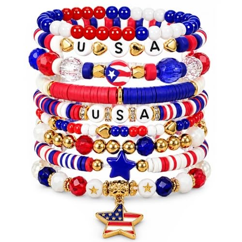 9 Pcs Bracelets for Women Colorful Heishi Stretch Stackable Independence Day