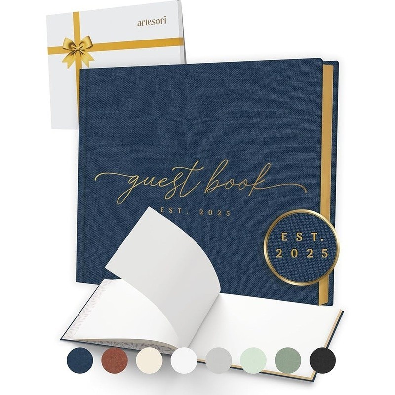 Linen Wedding Guest Book Durable Hardcover Gold Foil Elegant Design Blank Pages