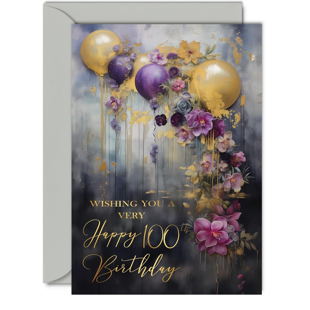 Beautiful Gold 100th Birthday Cards for Women Men – Golden Party Balloons – E…