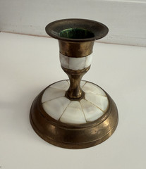Vintage Brass & Mother of Pearl Inlay Candlestick Holder – Mid Century Boho