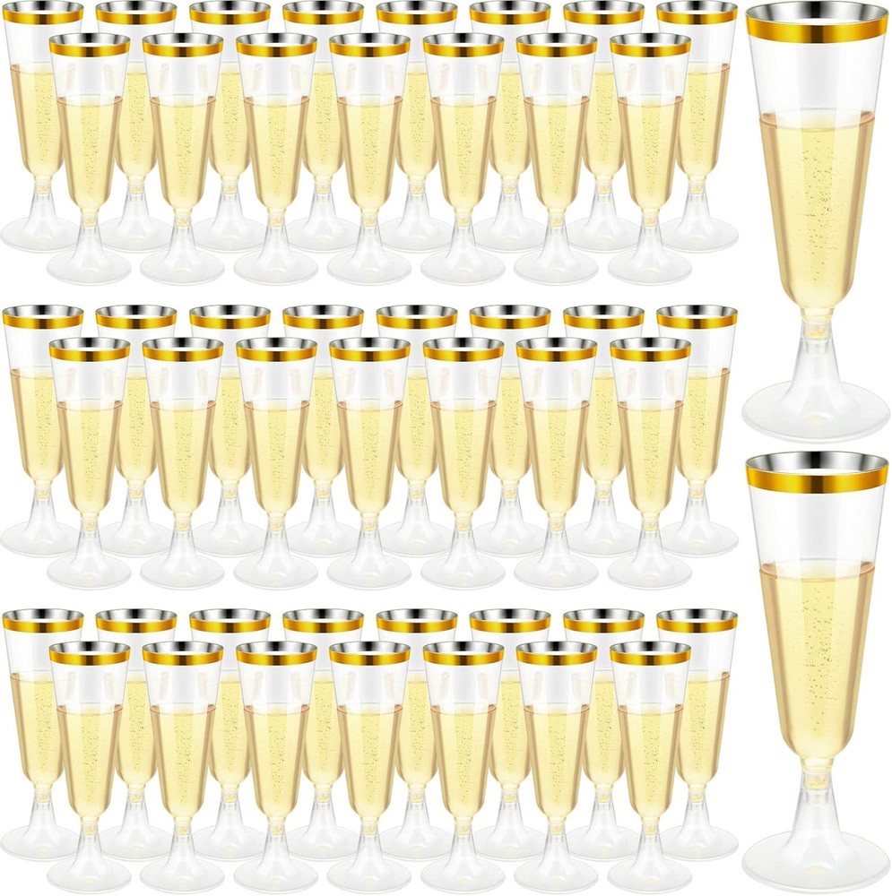 CHENGU 200 Pack Champagne Flutes Cups Plastic 5 Oz Wine 5 Ounces, Gold