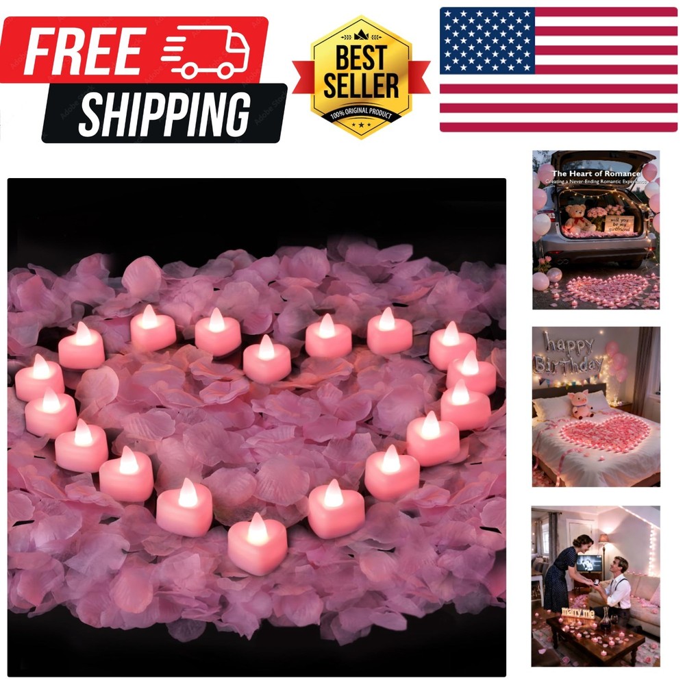 2000 Pieces Pink Artificial Rose Petals with 24 Pink Heart LED Tea Lights, Ro…