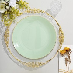 SAGE GREEN 10 Glossy 10″ Round Plastic Salad PLATES Gold Rim Party Events
