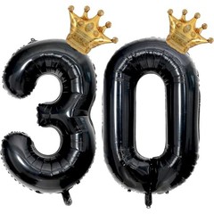 Black 30 Balloon Number with Gold Crown Balloons 40 inch 30 Birthday Number 30