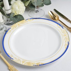 10″ White ROUND PLATES Royal Blue Gold Trim Party Wedding Disposable Tableware