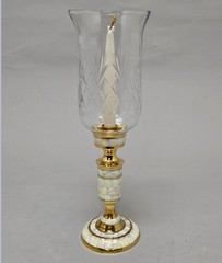 Candle Holder Brass Mother of Pearl Inlay Glass Hurricane 4.5″Dia 13″High Set/2