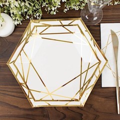 25 White 9″ Hexagon Paper Salad Dinner Plates Gold Trim Tableware
