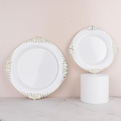 10 WHITE GOLD 10″ Round Plastic Salad Dinner PLATES Embossed Baroque Rim Party