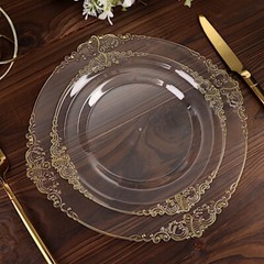 10 CLEAR GOLD 8″ Round Plastic Salad Dinner PLATES Embossed Baroque Rim Party