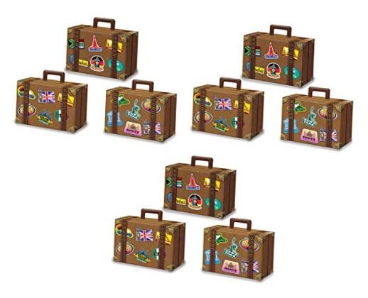 Pack of 9 Luggage Favor Boxes in Brown, World Traveler Suitcase Birthday