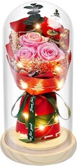 HVY Preserved Flowers in Glass for Her,Pink Real Rose Bouquet with LED Light,Ete