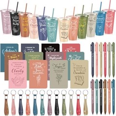 12set/48pcs Inspirational Gifts Bulk, 24 oz Plastic Cups and Pens Notebooks
