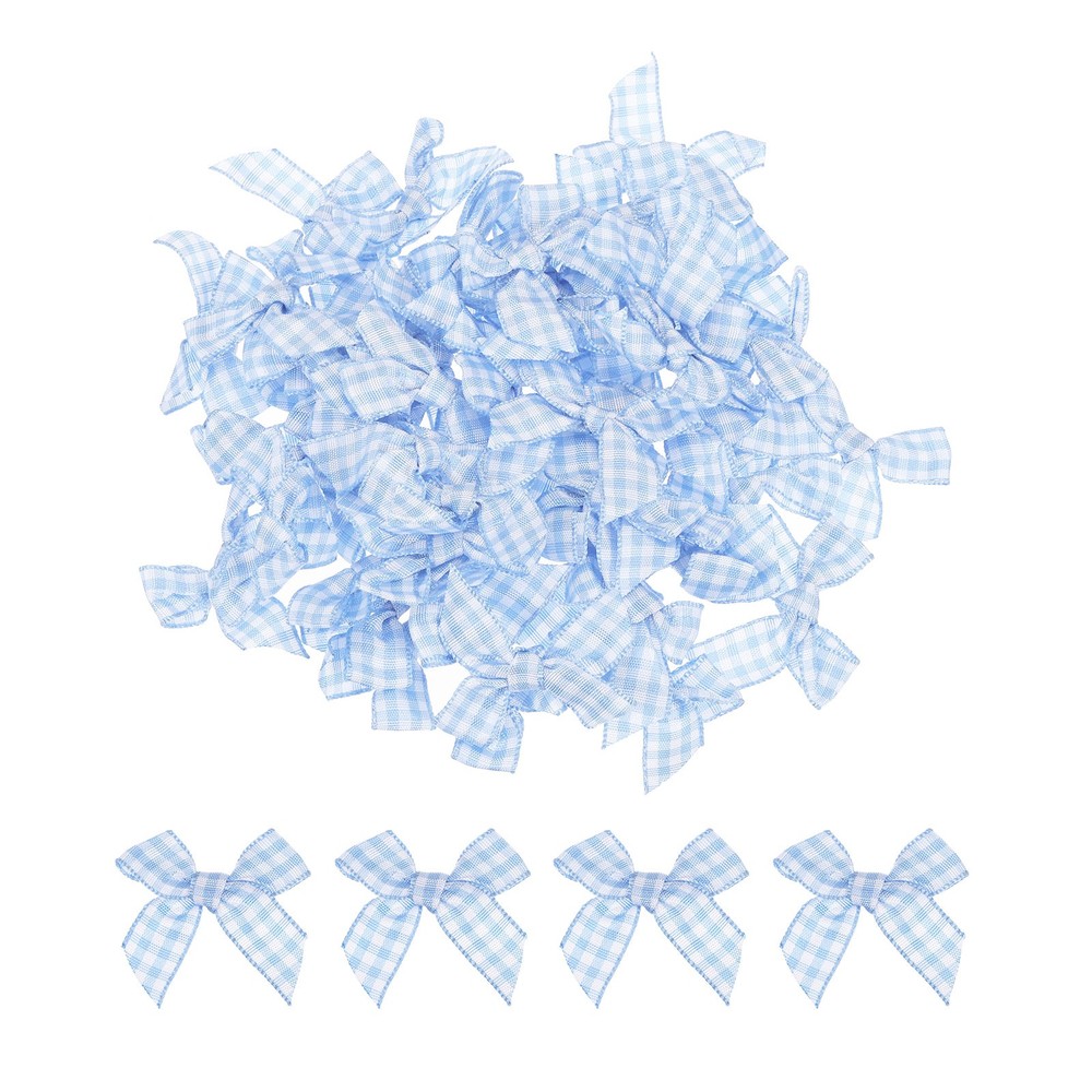 50Pcs Mini Gingham Ribbon Bow 1.5″ Checkered Fabric Satin Light Blue and White