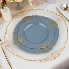 10 DUSTY BLUE GOLD 8″ Round Plastic Salad Dinner PLATES Embossed Baroque Rim