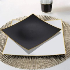 10 BLACK 8″ Square Concave Plastic Salad Dinner PLATES Gold Rim Party Events