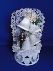 New Vintage Bride & Groom with peach trimmed Arch & bells Wedding CakeTop #187