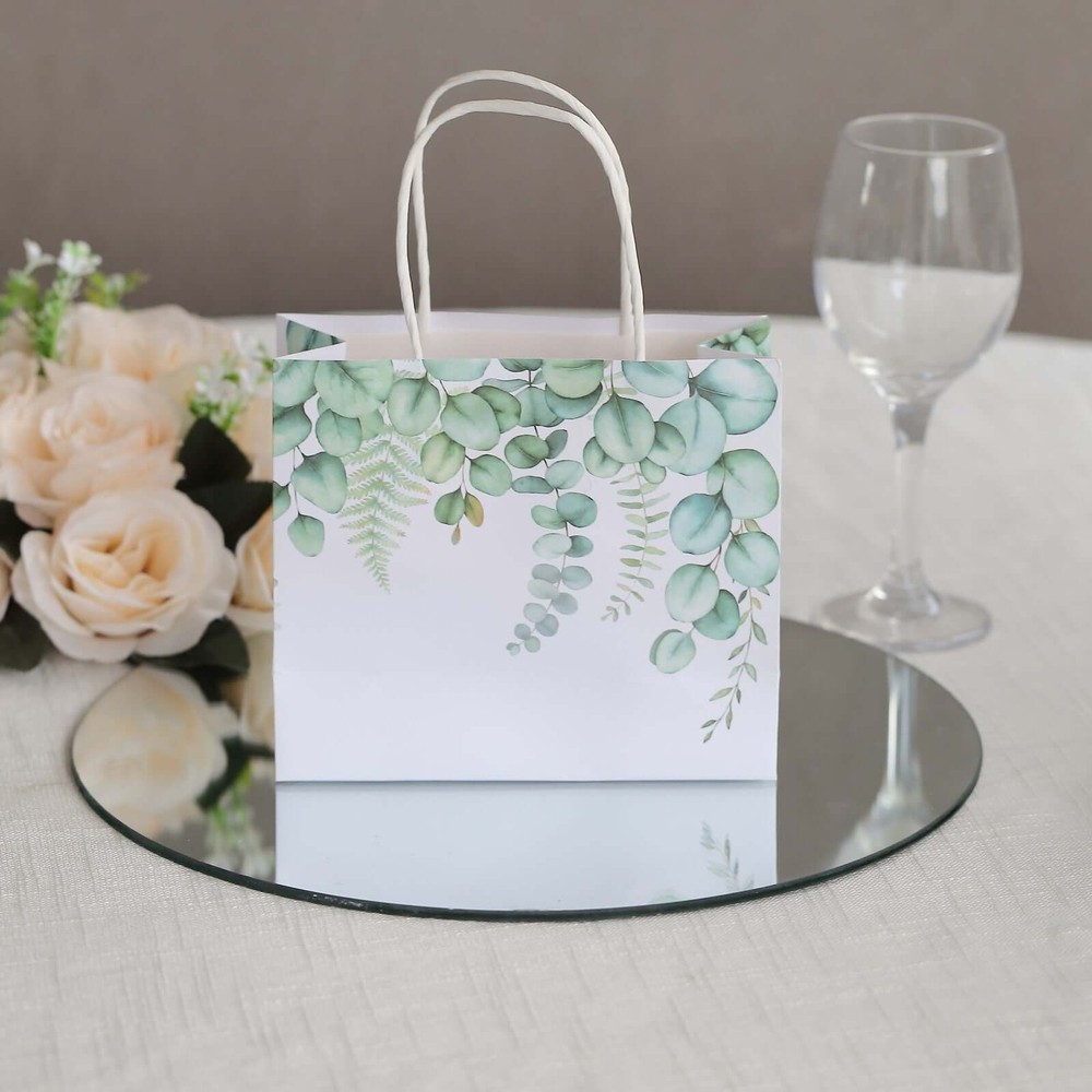 12 WHITE GREEN Eucalyptus Paper Gift Bags with Handles Party Favors Supplies