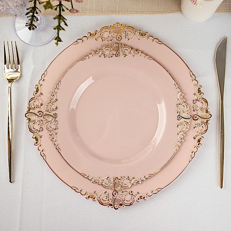 10 BLUSH GOLD 8″ Round Plastic Salad Dinner PLATES Embossed Baroque Rim Party