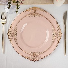 10 BLUSH GOLD 8″ Round Plastic Salad Dinner PLATES Embossed Baroque Rim Party