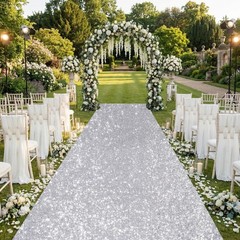 Wedding Aisle Runner: 4FT×15FT Sequin Fabric – Silver Sparkly Carpet Runner