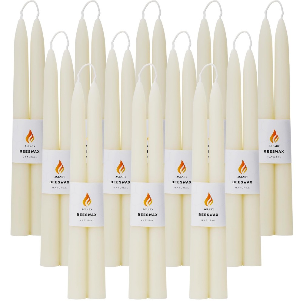 AGLARY 9″ Handmade White Beeswax Taper Candles, Dripless, Smokeless, 9-Hr Burn