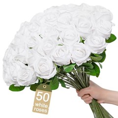 []Pcs Realistic Artificial flowers White Roses Bulk, Silk Flowers for 50