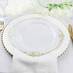 10 WHITE GOLD 10″ Round Plastic Salad Dinner PLATES Embossed Baroque Rim Party