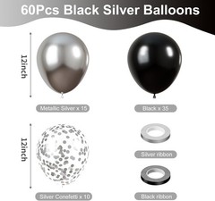 KBZVNAF Black and Silver Latex Balloons – 60 Pack 12 inch Black Metallic Silver