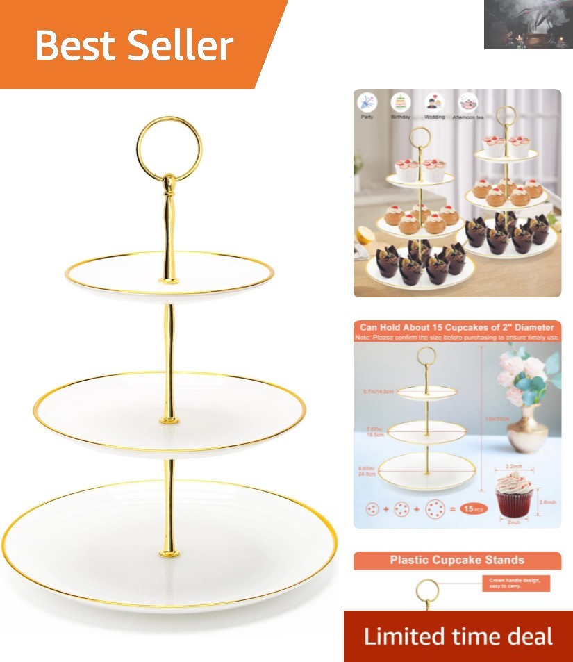 Stylish 3-Tier Dessert Tower Tray with Round Gold Edges – Lightweight & Durable
