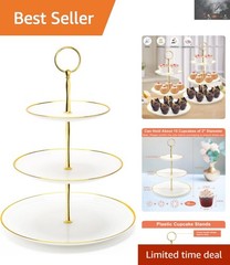 Stylish 3-Tier Dessert Tower Tray with Round Gold Edges – Lightweight & Durable