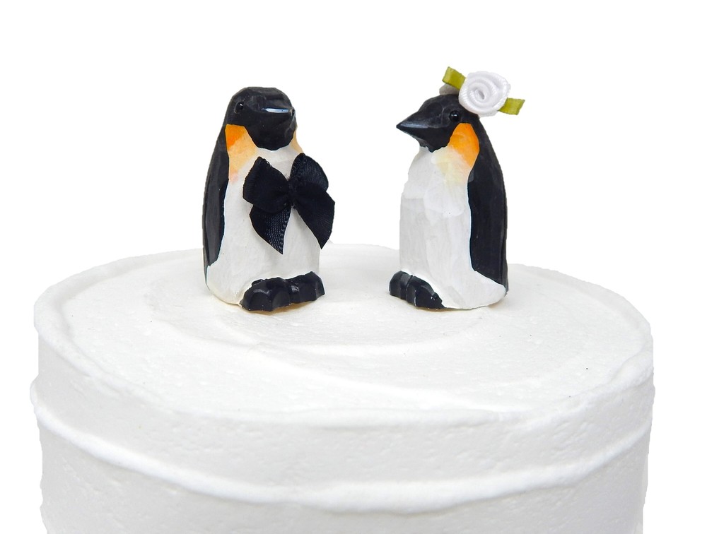 Penguin Cake Topper Bride Groom Love Bird Winter Wedding Carved Wood Statue