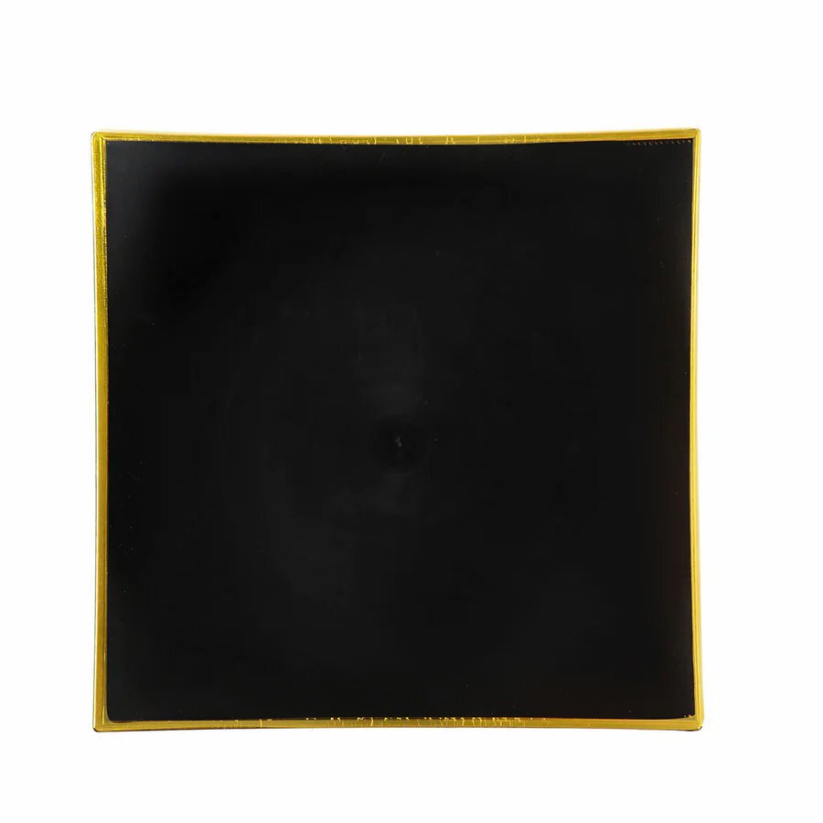 10 Square 10″ Concave Plastic Salad Dinner Plates Gold Rim Party Home