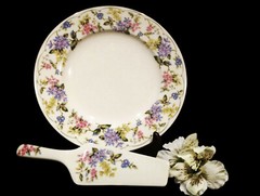 PORCELAIN BONE CHINA ANDREA BY SADEK CAKE PLATE & SERVER 2PC SET, EXCELLENT COND