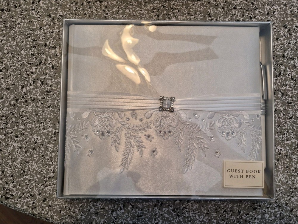 Elegant Silver Satin Hallmark Guest Book with pen. Embroidered Lace Rhinestone