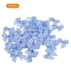 50Pcs Mini Gingham Ribbon Bow 1″ Checkered Ribbon Bows Blue and White