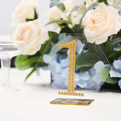 5 CLEAR GOLD 5″ Hexagon ACRYLIC STANDS TABLE NUMBERS Holders Party Decorations