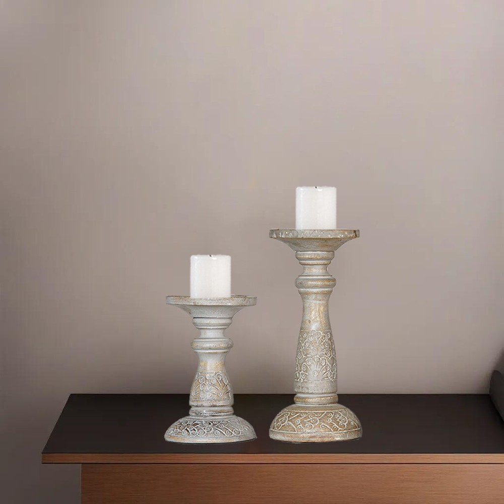 Eco-Friendly Traditional Gray Wash Handmade Mango Wood Set Of Two Candle Holder