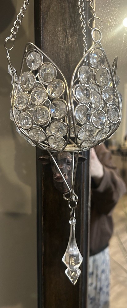 Lotus Votive Tea Light Crystal Hanging Chandelier Candle Holder Silver Finish