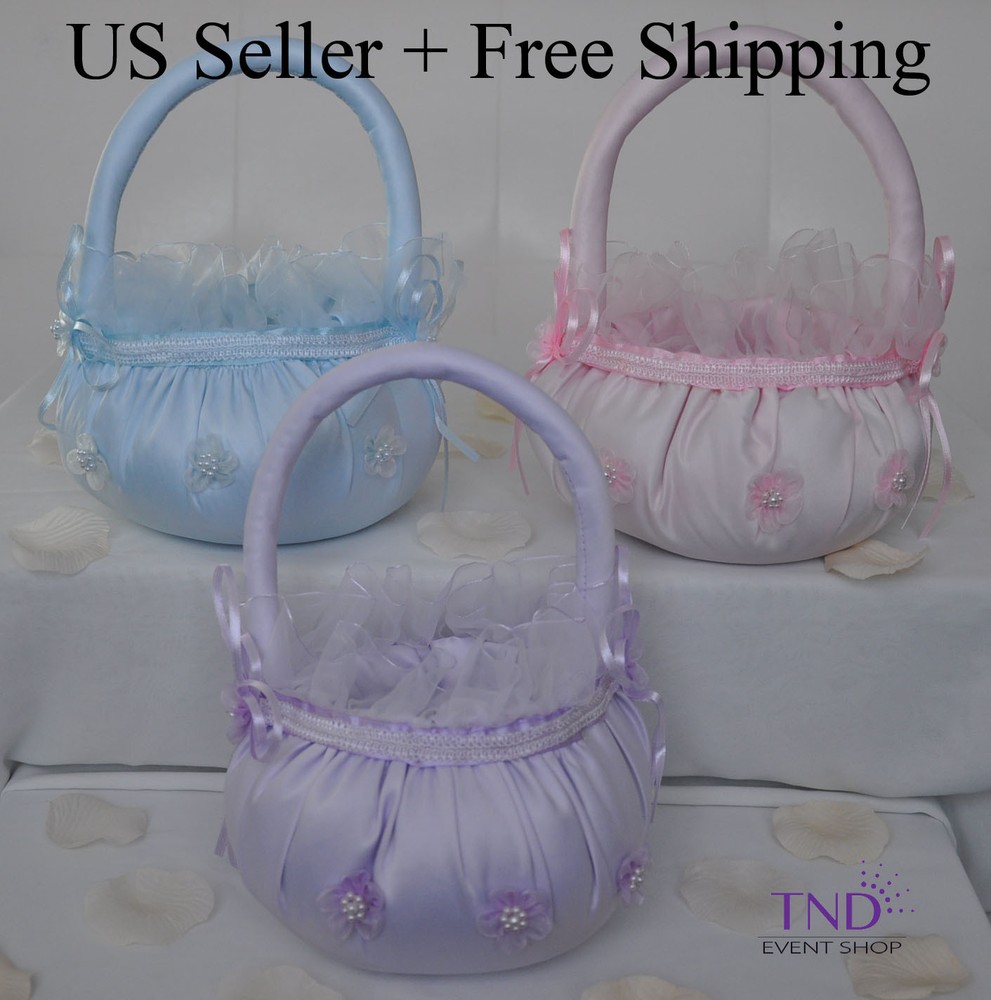WEDDING CEREMONY SATIN FLOWER GIRL BASKET WITH ORGANZA FLOWERS AND PEARLS ACCENT