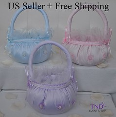 WEDDING CEREMONY SATIN FLOWER GIRL BASKET WITH ORGANZA FLOWERS AND PEARLS ACCENT