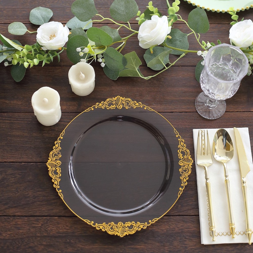 10 TRANSPARENT BLACK GOLD 10″ Round Plastic Salad Dinner PLATES Embossed