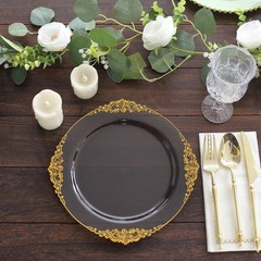 10 TRANSPARENT BLACK GOLD 10″ Round Plastic Salad Dinner PLATES Embossed